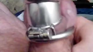 Trying to cum in small chastity