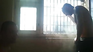 Exhibitionist russian guy showing dick and horsing around in showers